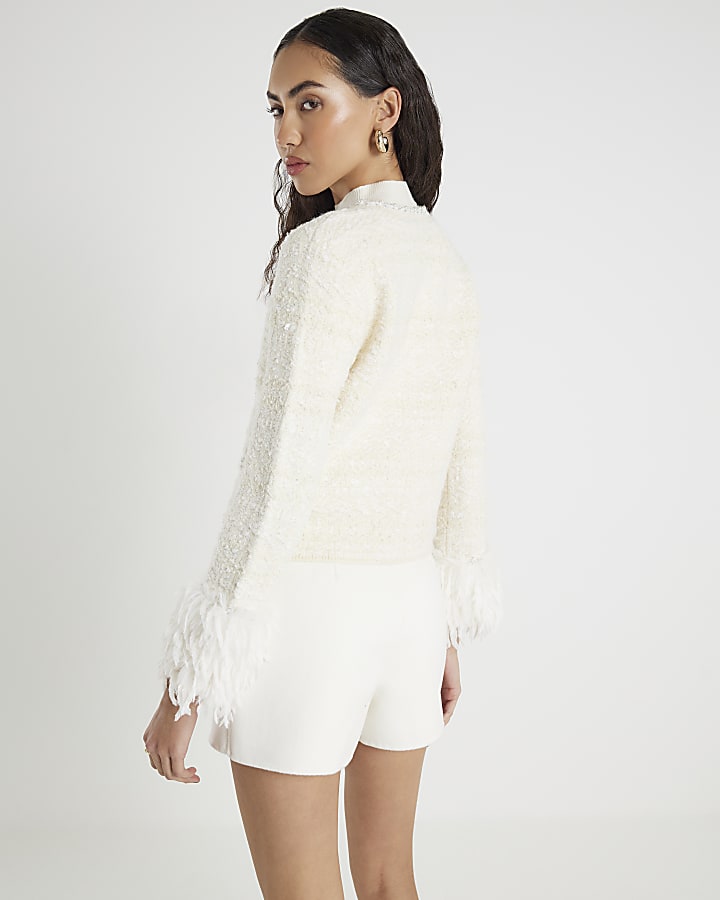 Cream Boucle Feather Cuff Cardigan