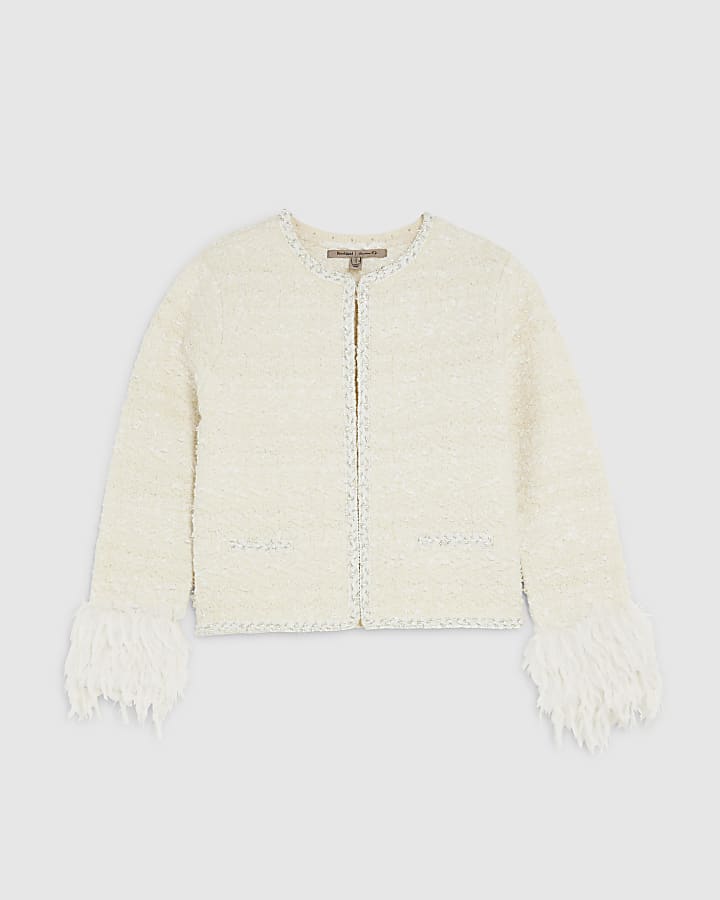 Cream Boucle Feather Cuff Cardigan