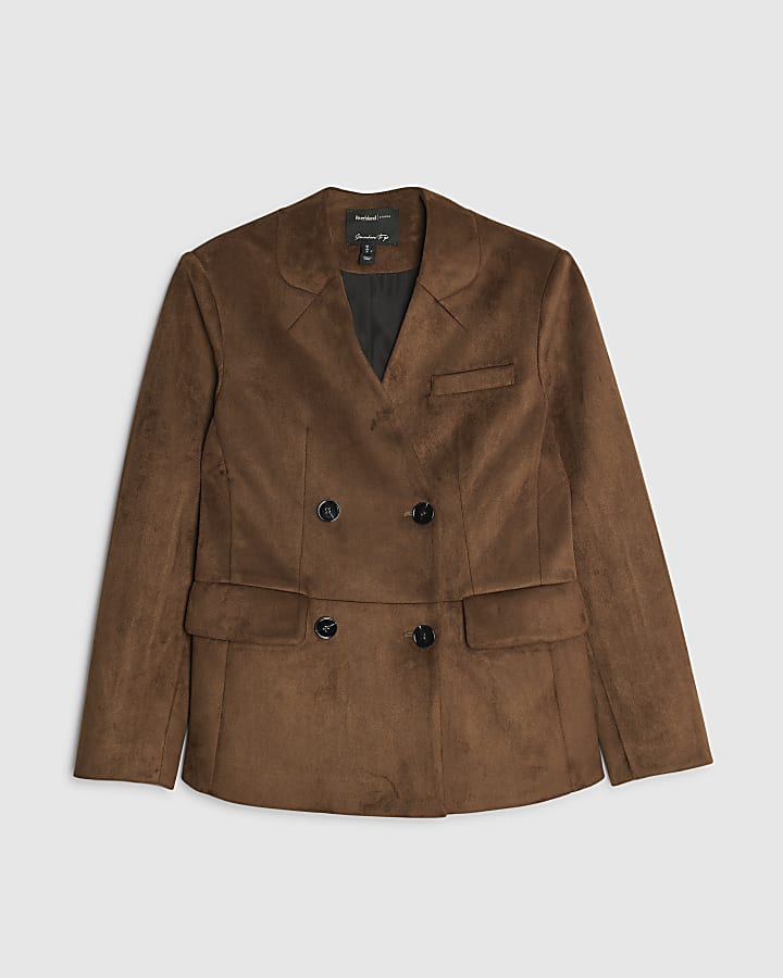 Brown Faux Suede Collarless Blazer