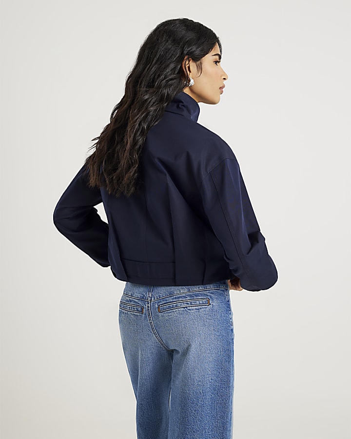 Navy Belted Bubble Hem Jacket