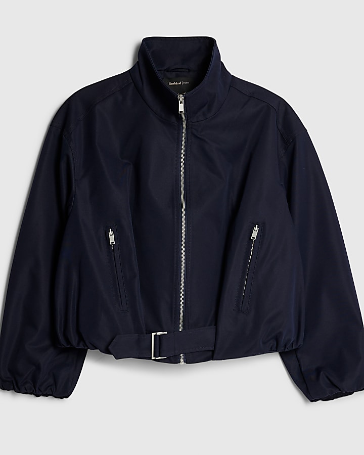Navy Belted Bubble Hem Jacket