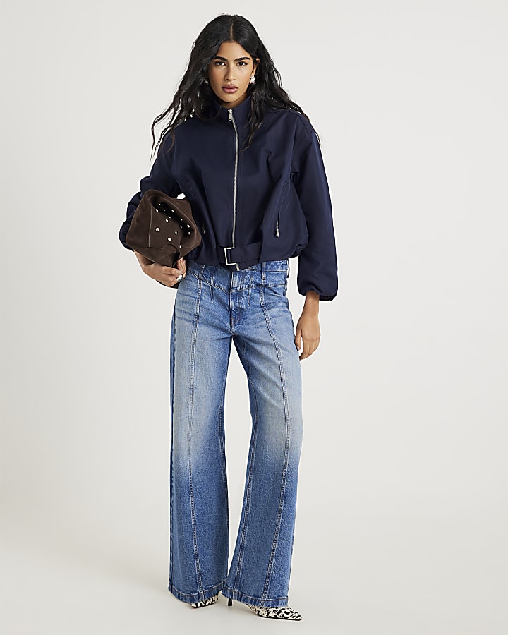 Navy Belted Bubble Hem Jacket