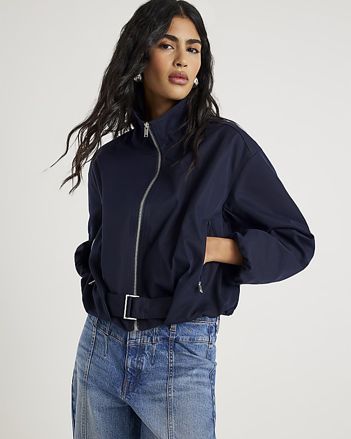 Navy Belted Bubble Hem Jacket