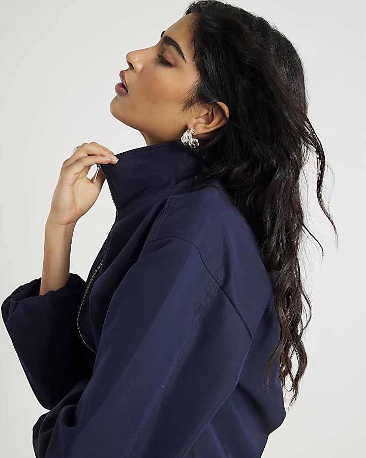 Navy Belted Bubble Hem Jacket