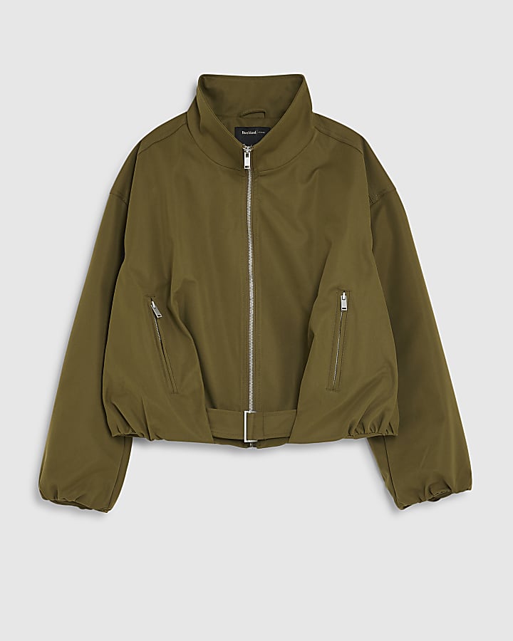 Khaki Belted Bubble Hem Jacket