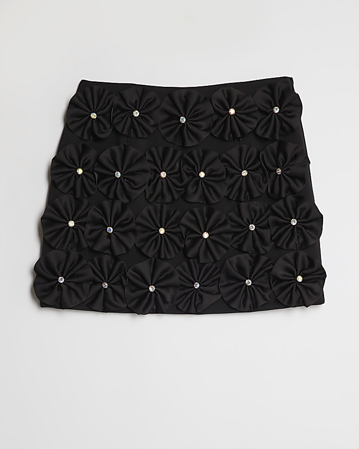 Black 3D Flower A Line Mini Skirt