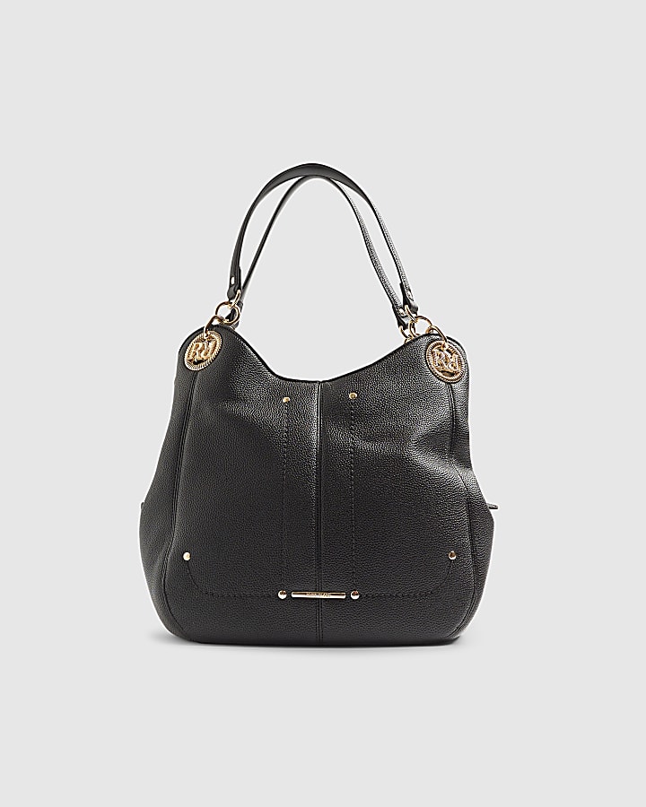 Black Branded Eyelet Slouch Shoulder Bag