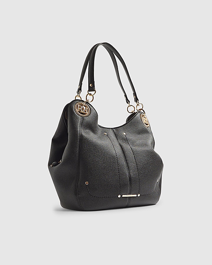 Black Branded Eyelet Slouch Shoulder Bag