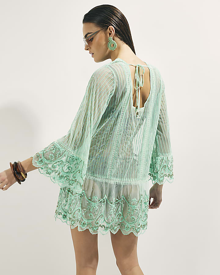 Green Mesh Embellished Beach Tunic Dress