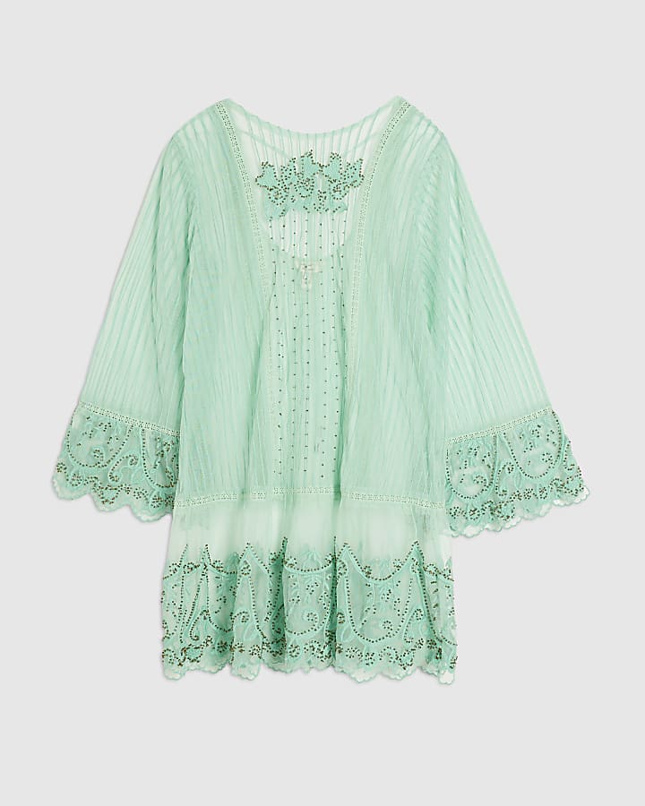 Green Mesh Embellished Beach Tunic Dress