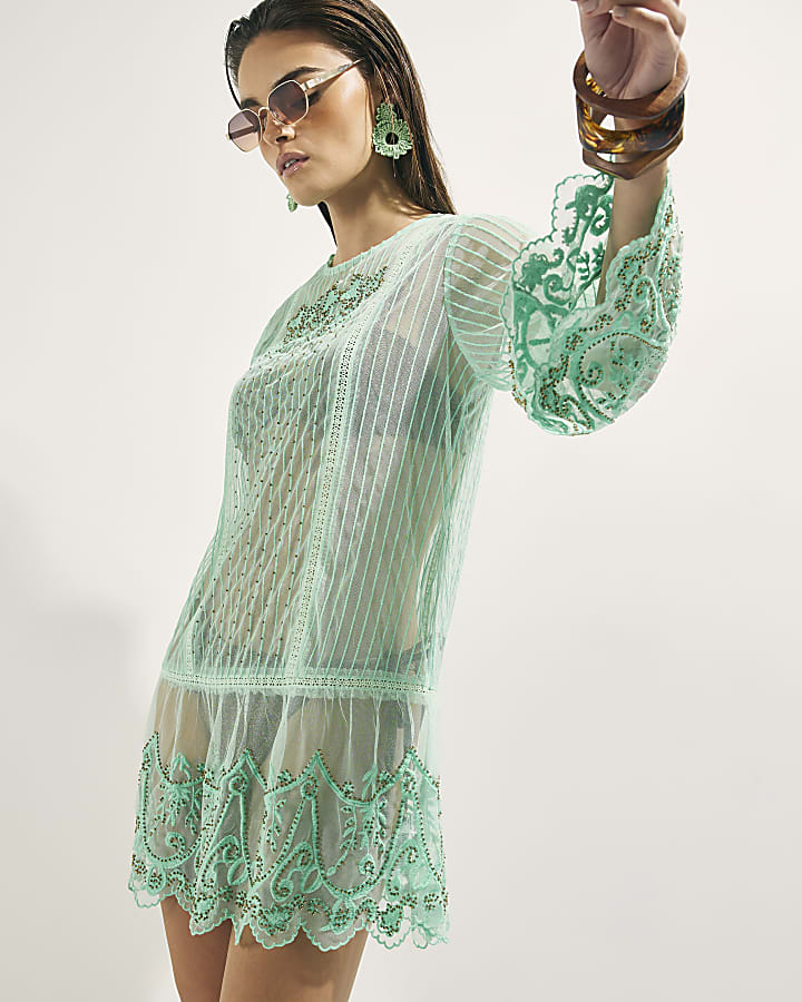 Green Mesh Embellished Beach Tunic Dress
