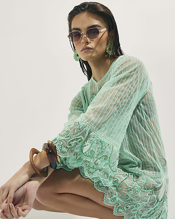 Green Mesh Embellished Beach Tunic Dress