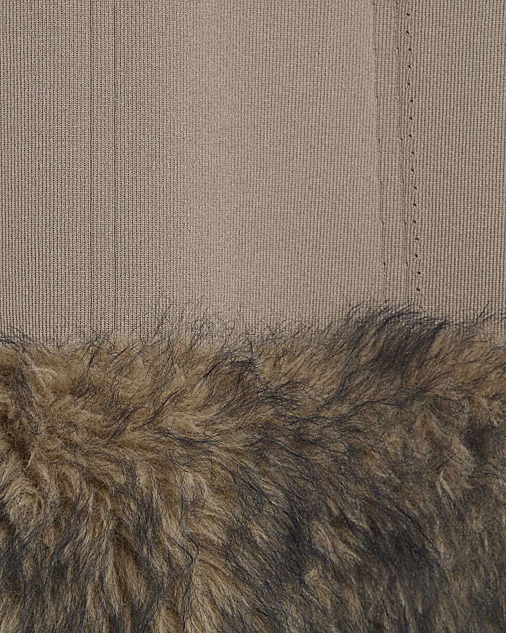 Beige Knitted Faux Fur hem Mini dress