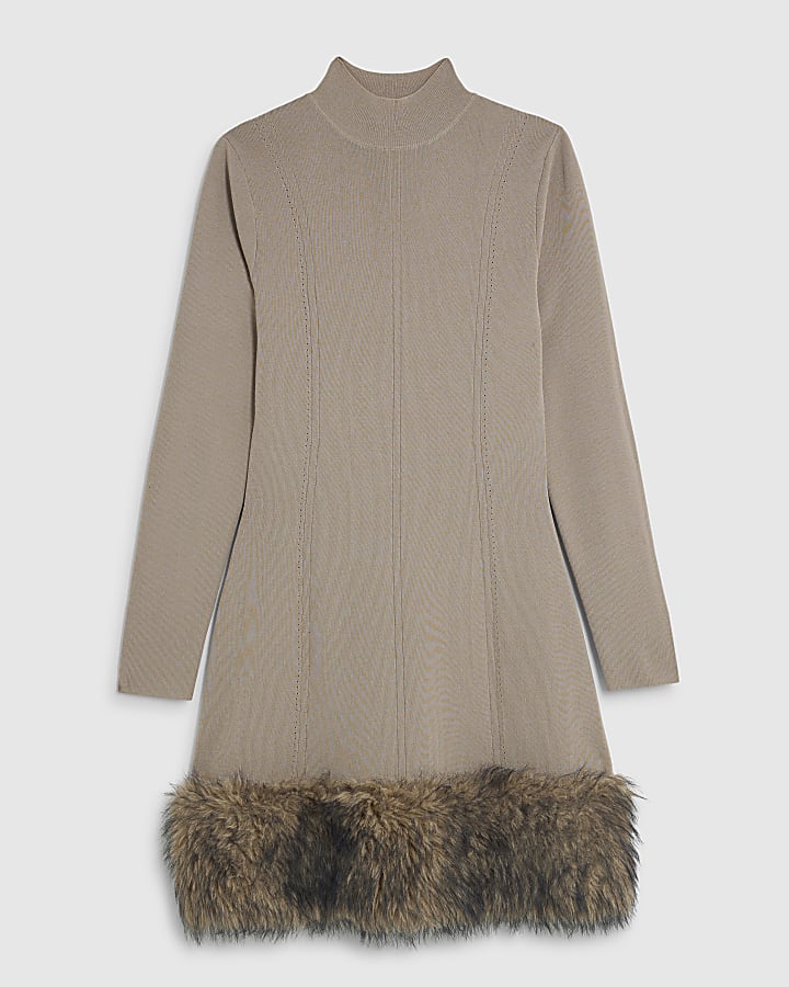 Beige Knitted Faux Fur hem Mini dress
