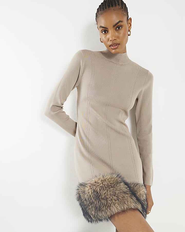 Beige Knitted Faux Fur hem Mini dress