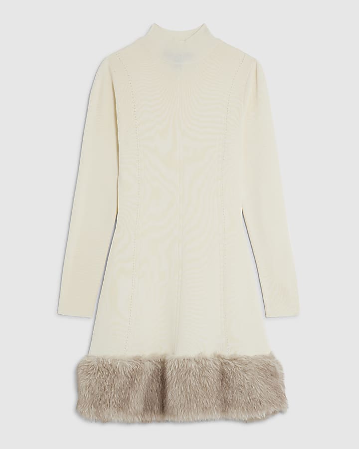 Cream Knitted Faux Fur hem Mini dress
