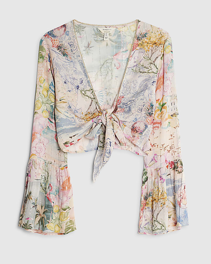 Pink Graphic Print Tie Front Beach Top