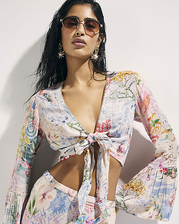 Pink Graphic Print Tie Front Beach Top