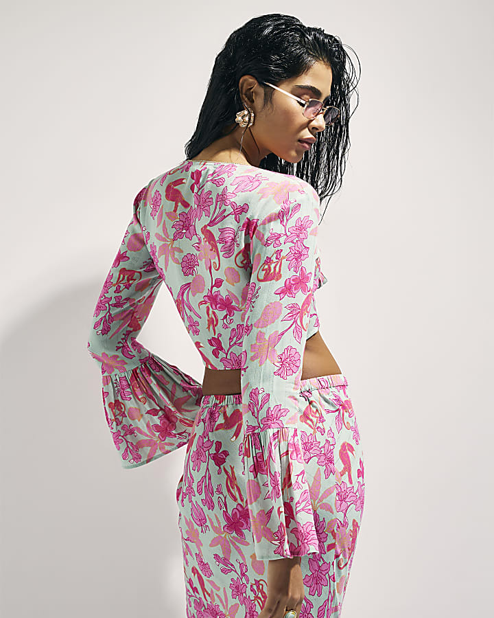 Green Floral Tie Front Beach Top