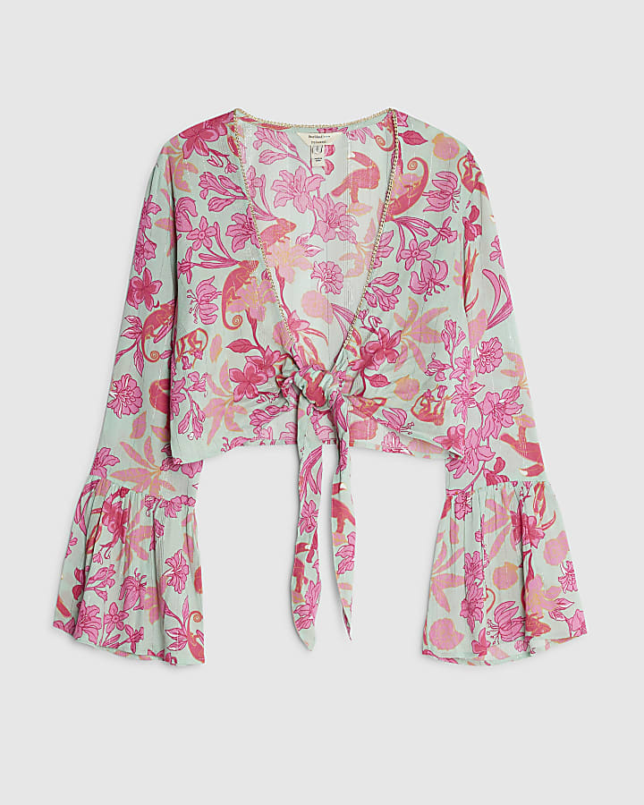 Green Floral Tie Front Beach Top