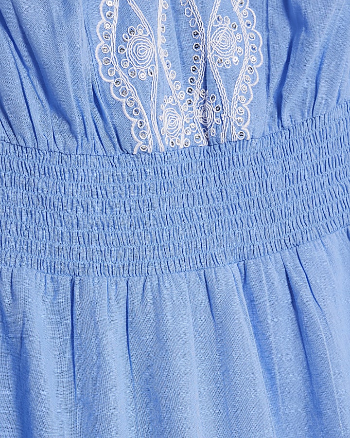 Blue Embroidered Ruffle Playsuit