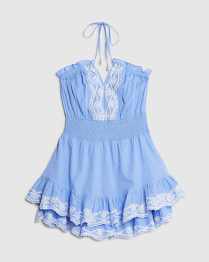 Blue Embroidered Ruffle Playsuit