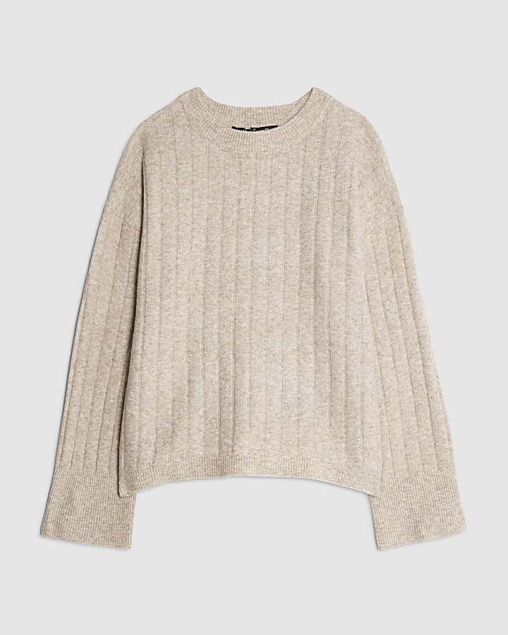 Beige Knit Crew Neck Ribbed Jumper