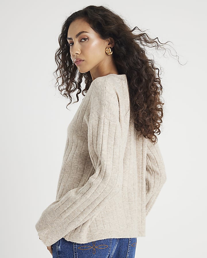 Beige Knit Crew Neck Ribbed Jumper