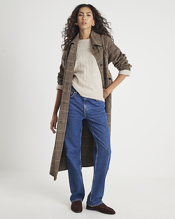Beige Knit Crew Neck Ribbed Jumper
