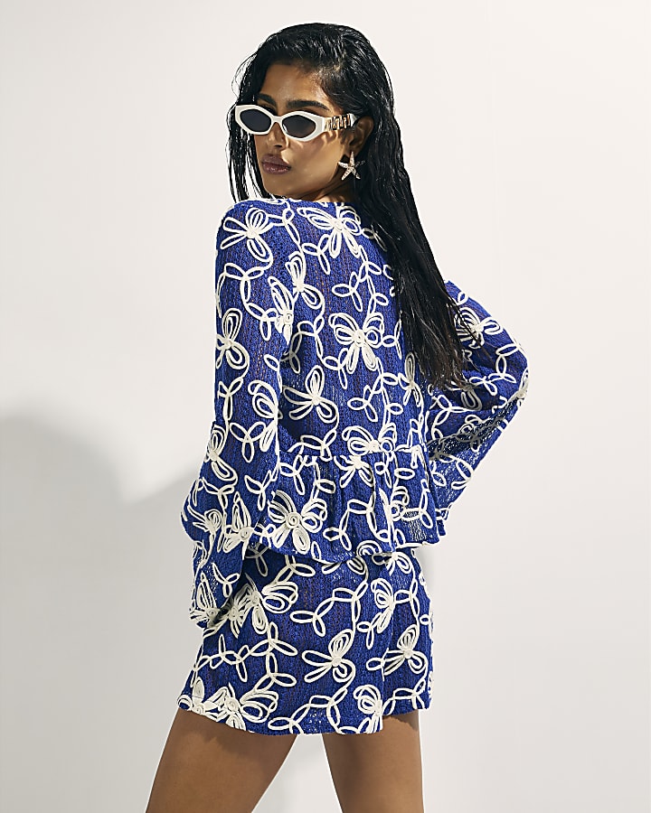 Blue Cornelli Tie front Beach Top