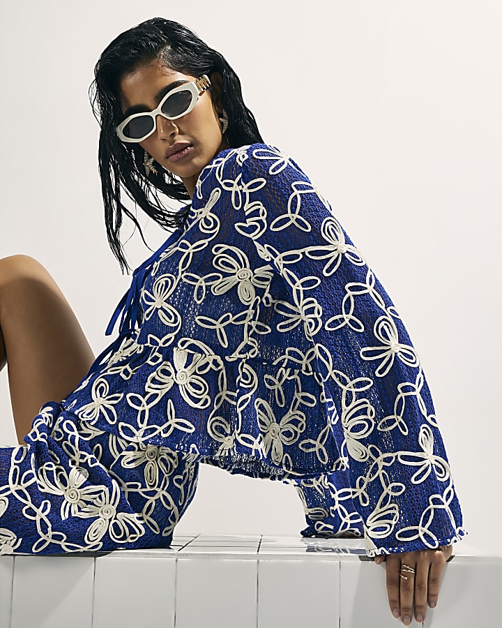 Blue Cornelli Tie front Beach Top