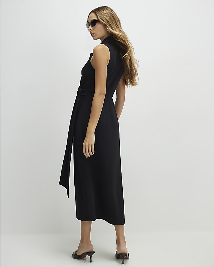 Black Knot Front Wrap Midi Dress
