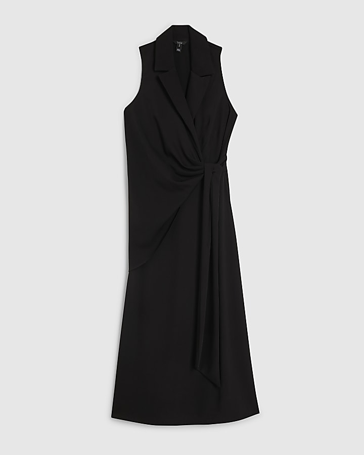 Black Knot Front Wrap Midi Dress
