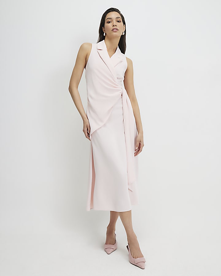 Pink Knot Front Wrap Midi Dress