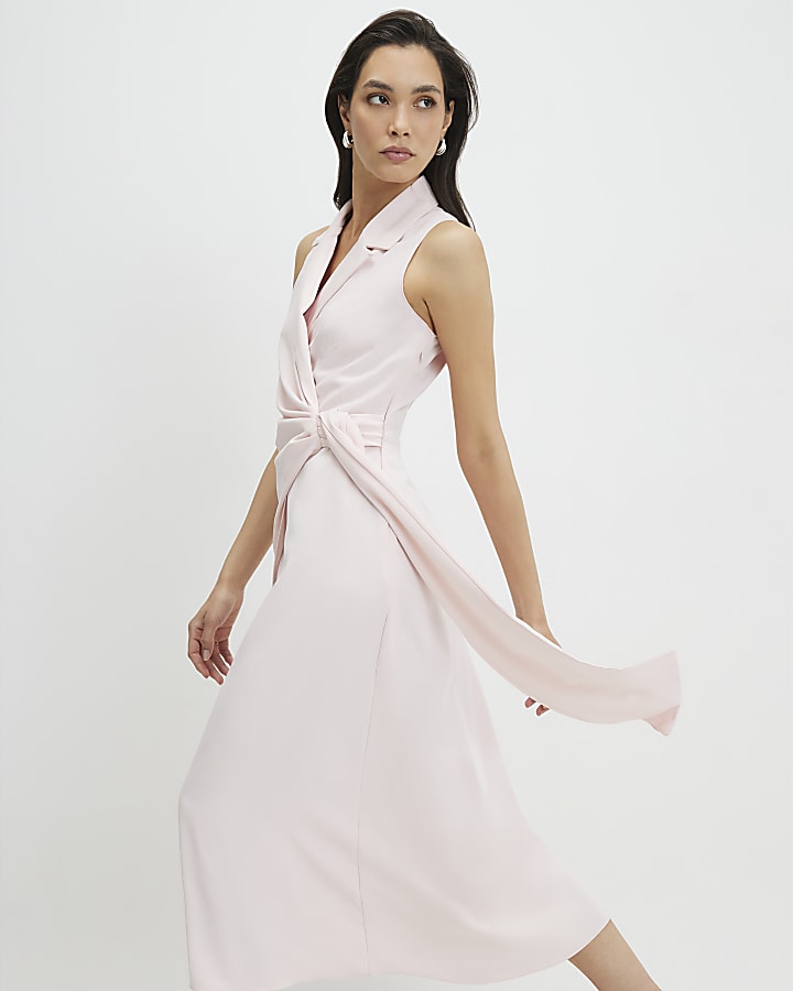 Pink Knot Front Wrap Midi Dress