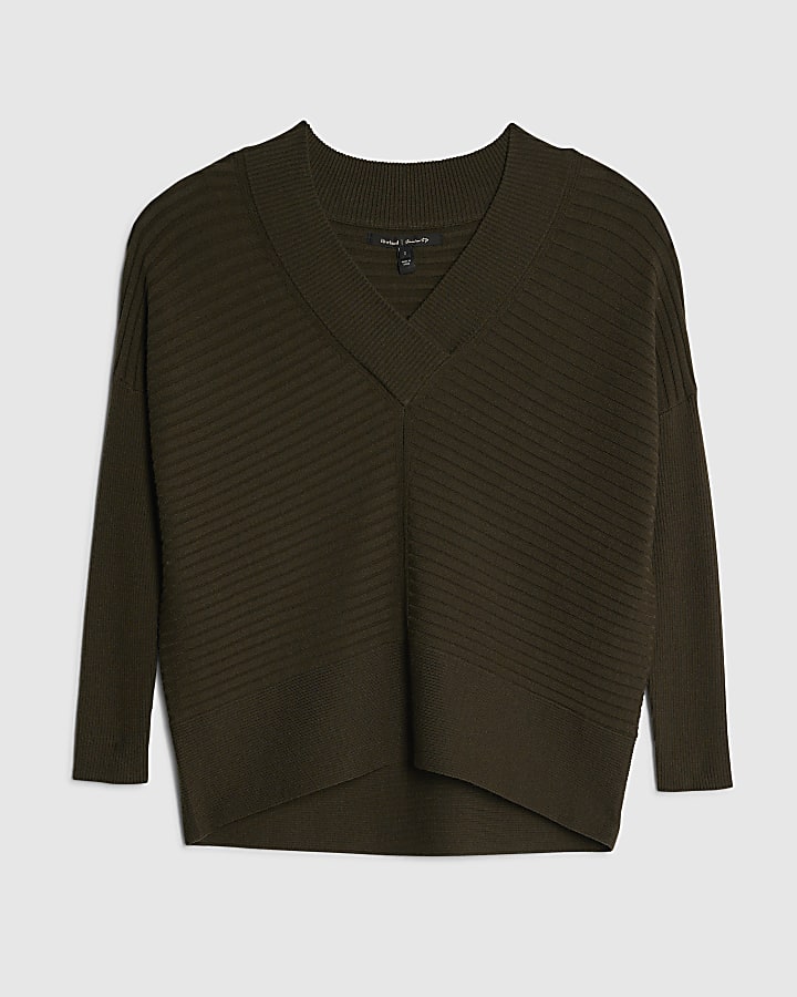 Khaki Knitted V Neck Ribbed Jumper