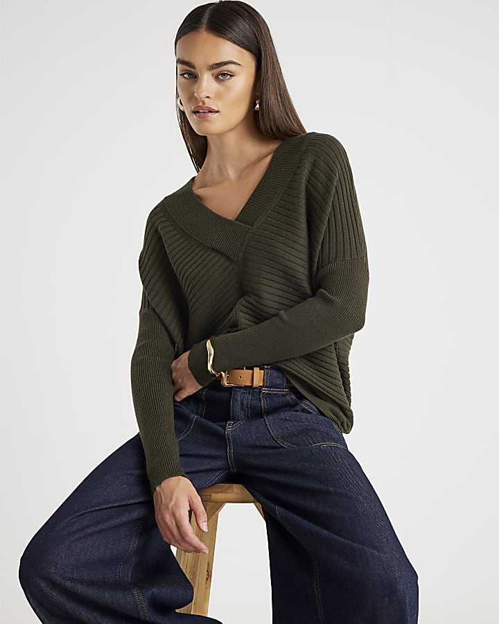 Khaki Knitted V Neck Ribbed Jumper