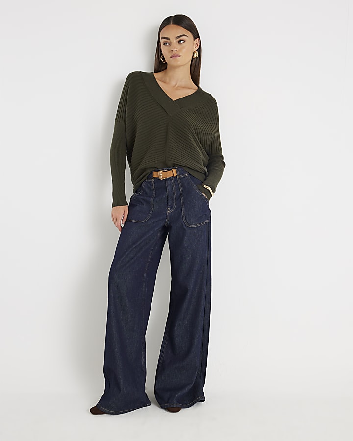 Khaki Knitted V Neck Ribbed Jumper