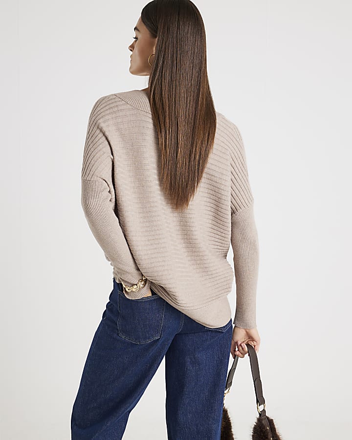 Beige Knitted V Neck Ribbed Jumper