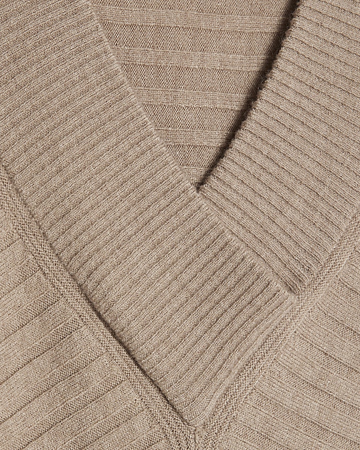 Beige Knitted V Neck Ribbed Jumper