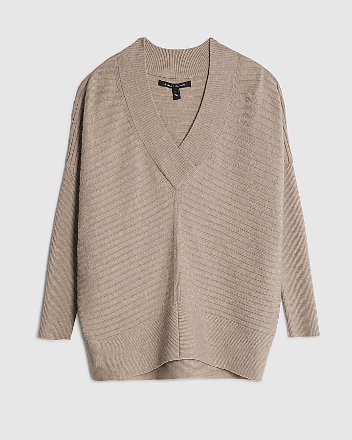 Beige Knitted V Neck Ribbed Jumper