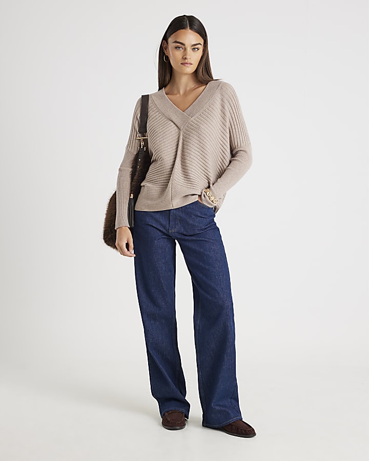 Beige Knitted V Neck Ribbed Jumper