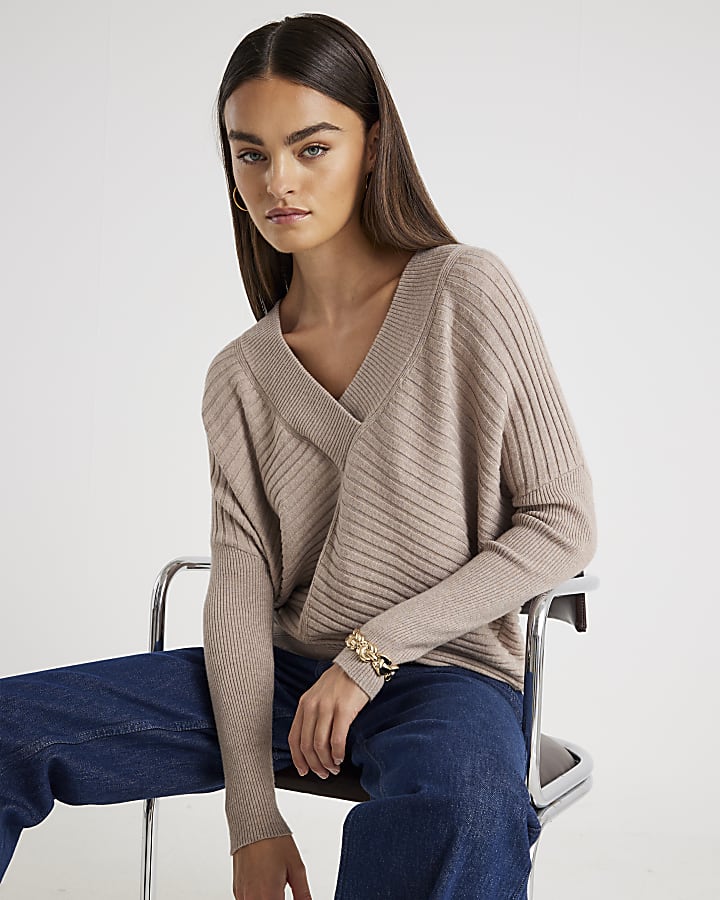 Beige Knitted V Neck Ribbed Jumper