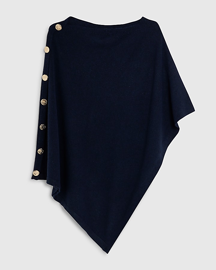 Navy Knitted Triangle Button Detail Cape