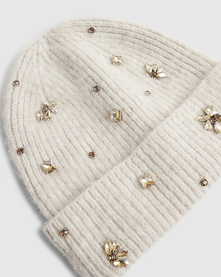 Beige Embellished Beanie