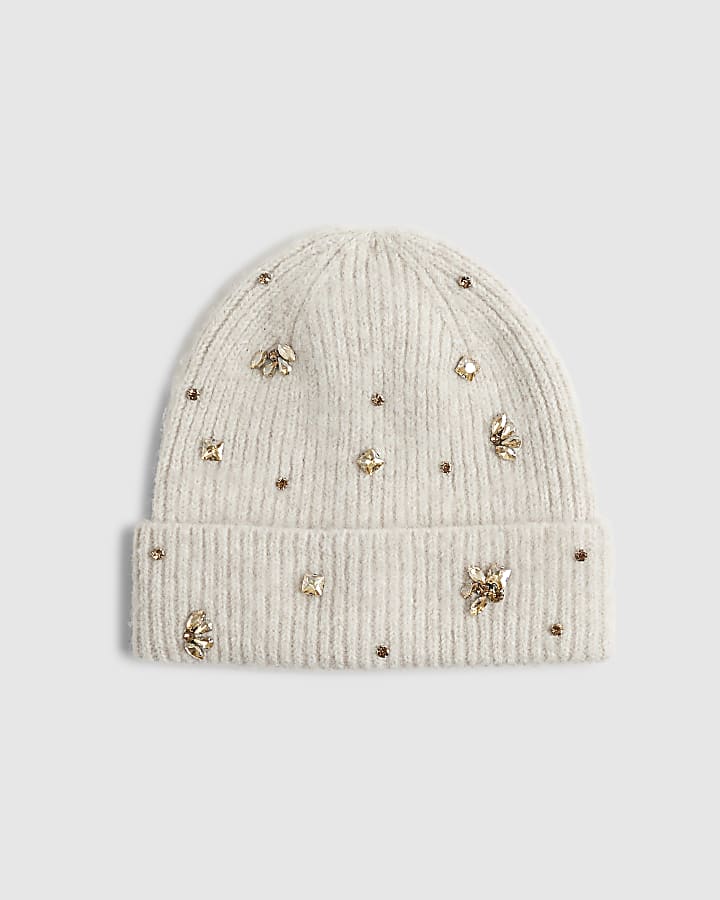 Beige Embellished Beanie
