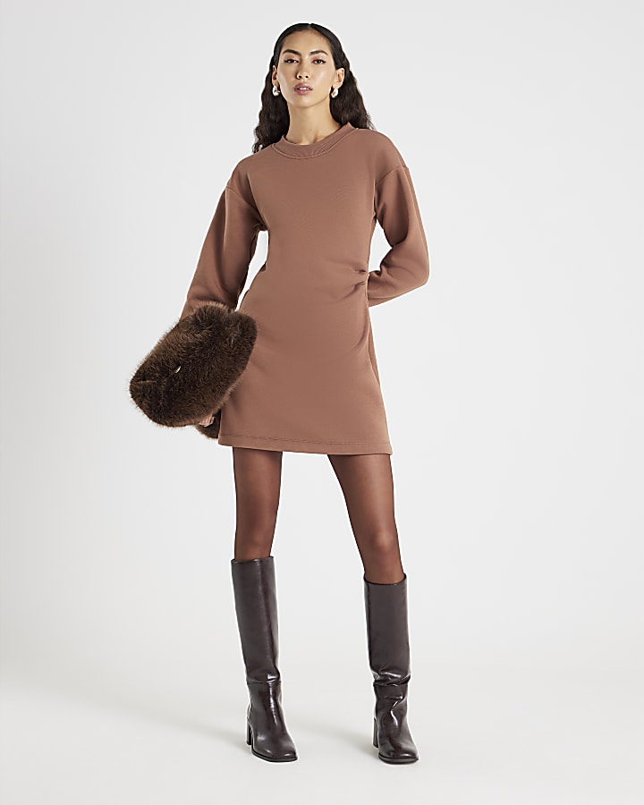 Beige Drape Sweatshirt Dress
