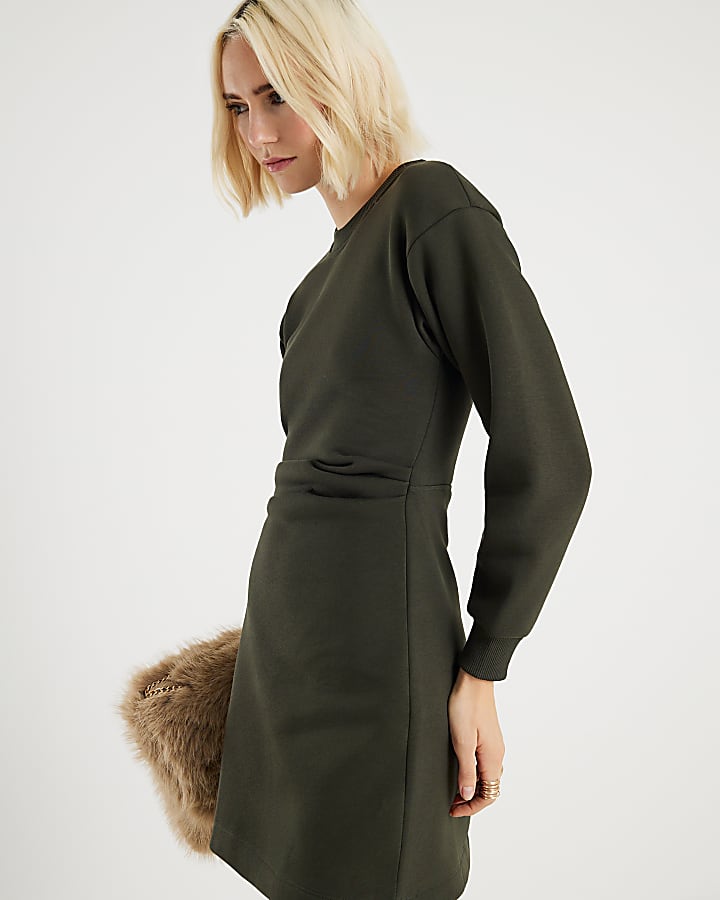 Khaki Drape Sweatshirt Dress