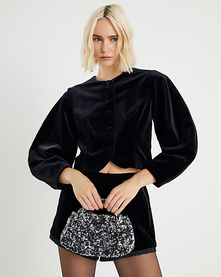 Black Cocoon Sleeve Velvet Jacket