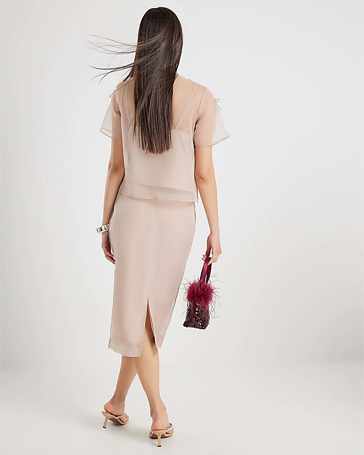 Pink Organza Flower Midi Skirt